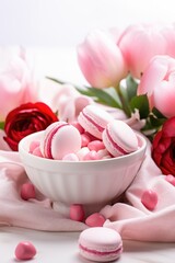 Obraz na płótnie Canvas Minimalist Elegance - White Background with Pink Peonies and Heart Candies, Valentine's Day Concept