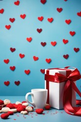 Fototapeta na wymiar Playful Coffee Break - Colorful Valentine's Composition with Gifts and Mug for Valentine's Day Concept