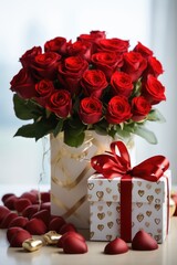 Timeless Valentine's Elegance - Classic Roses and Gift Box Arrangement for Valentine's Day Concept