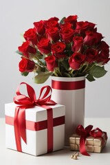 Timeless Valentine's Elegance - Classic Roses and Gift Box Arrangement for Valentine's Day Concept