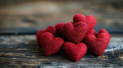 Rustic Heartfelt Sentiment - Red Felt Hearts on Wooden Background for Valentine's Day Concept