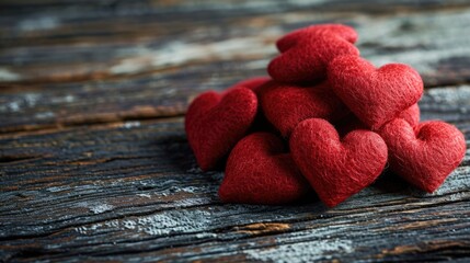 Obraz premium Rustic Heartfelt Sentiment - Red Felt Hearts on Wooden Background for Valentine's Day Concept