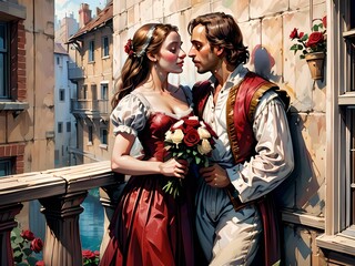 Valentine's Day. Romeo and Juliet, on a balcony with red roses