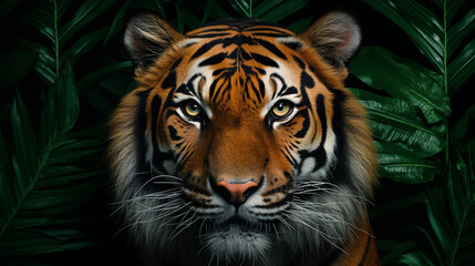 Fototapeta premium Tiger's Gaze Amidst Lush Foliage