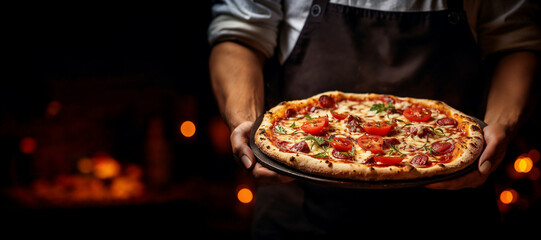 Chef presenting freshly baked pizza with melting cheese, tomatoes, and basil in a cozy restaurant with a warm fire oven background - obrazy, fototapety, plakaty