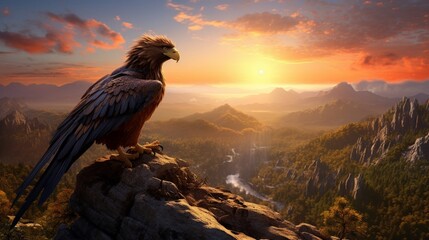 Fototapeta premium Majestic Griffin Perched Serenely atop a Mountain Summit with Scenic Overlook - AI-Generative