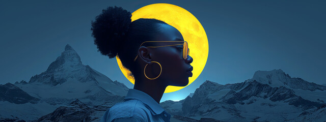 Lunar Spectacle, A Visionary Woman in Glasses Illuminated by the Enchanting Full Moon - obrazy, fototapety, plakaty