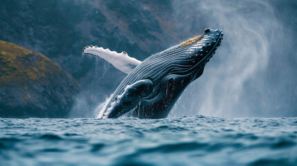 Majestic humpback whales breaching in the open sea, illustrating the sheer power and size of these ocean giants, animals, humpback whales, hd, with copy space - obrazy, fototapety, plakaty