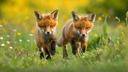 Naklejka na ściany i meble Playful red fox kits frolicking in a meadow, capturing the playful and endearing qualities of young foxes, animals, red fox kits, hd, with copy space