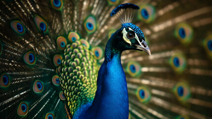 Obraz premium Close-up of a regal peacock displaying its vibrant plumage, symbolizing beauty and elegance in the animal kingdom, animals, peacock, hd, with copy space