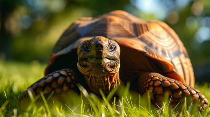 Close-up of a wise tortoise moving slowly through a grassy field, embodying resilience and longevity in the animal kingdom, animals, tortoise, hd, with copy space