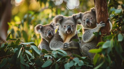 Fototapeta premium Group of koalas resting in eucalyptus trees, showcasing the laid-back and charming nature of these iconic Australian marsupials, animals, koalas, hd, with copy space