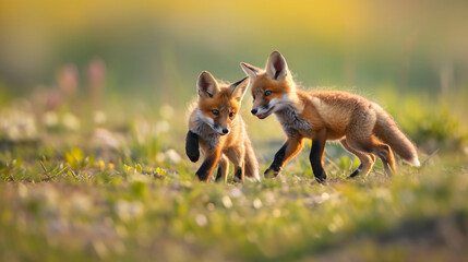 Playful red fox kits frolicking in a meadow, capturing the playful and endearing qualities of young...