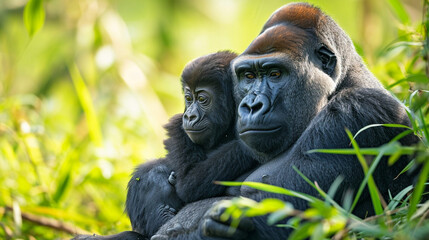 Obraz premium Family of gorillas in their natural habitat, conveying the strength and close bonds within a gorilla troop, animals, gorillas, hd, with copy space