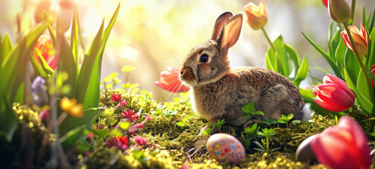 Springtime Bunny in Sunlit Flower Garden with Easter Eggs