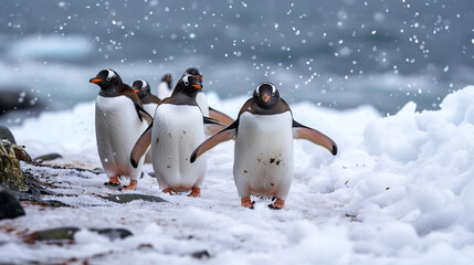 Group of adorable penguins waddling on the icy shores of Antarctica, showcasing the charming antics of these flightless birds, animals, penguins, hd, with copy space