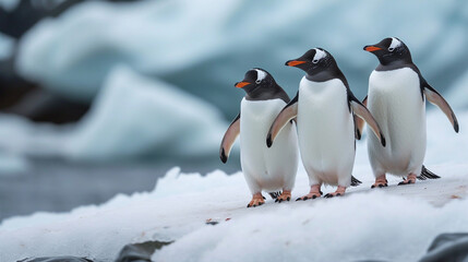 Group of adorable penguins waddling on the icy shores of Antarctica, showcasing the charming antics of these flightless birds, animals, penguins, hd, with copy space - obrazy, fototapety, plakaty