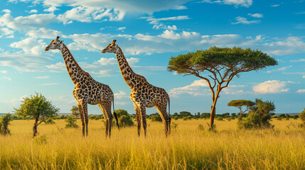 Fototapeta premium Elegant giraffes grazing on tall trees in the savannah, portraying the graceful and towering beauty of these herbivores, animals, giraffes, hd, with copy space