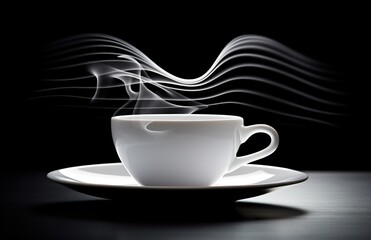 stylish white cup of tea or coffee with steam on black background, swirl and wave pattern, drink concept with elegant curve lines 