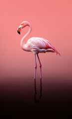 Flamingo standing in water with pink background and pink sky