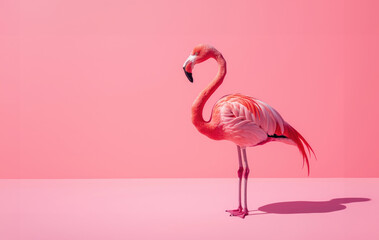 Pink flamingo on pink area with pink background and shadow