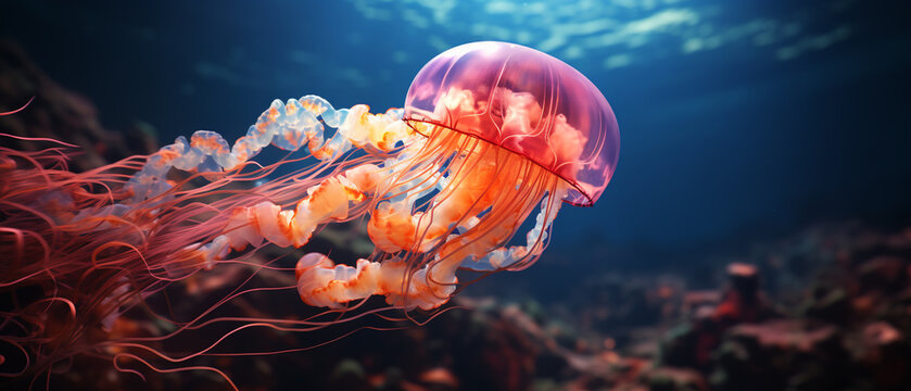 Ultra-wide background features a stunning and colorful jellyfish swimming in the deep sea. The jellyfish has a translucent body with hues of orange and pink illuminating through it
