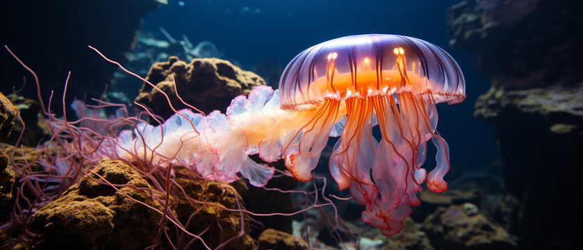 Dive into the mesmerizing depths with this vibrant jellyfish in an ultra-wide sea. Its translucent body glows in hues of orange and pink, surrounded by elegant tentacles