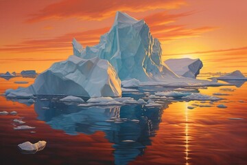 iceberg at sunset over warm ocean. Generative AI