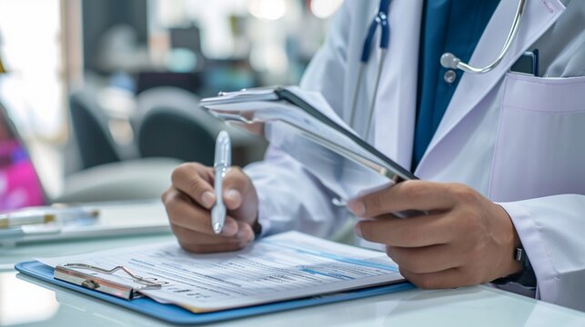 Health care and medicine, Medical analysis, Doctor writes information on clipboard for recording Diagnosis and medical research of various diseases for patients connected to big data in hospital. phot