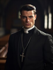 Spiritual Male Priest in Church, AI Generated