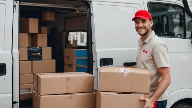 Delivery courier service. Delivery man in red cap and uniform holding a cardboard box near a van truck delivering to customer home. Smiling man postal delivery man delivering a package.Ai generative