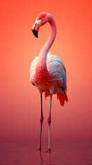 A flamingo is standing in water with an orange background and pink sky.