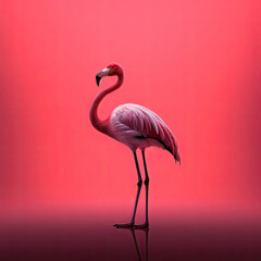Flamingo standing on pink surface with red background