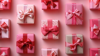 Pattern of Love - Neatly Arranged Pink and Red Gift Boxes, Valentine's Day Concept