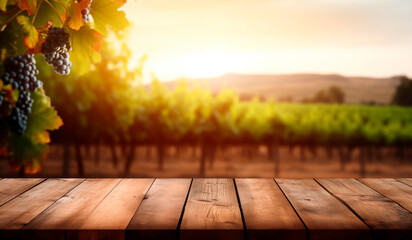 Empty wooden table with sunny vineyard background