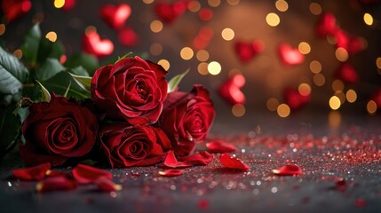 Romantic Rose Bouquet with Heart Balloons - Whimsical Bokeh Lights Setting, Valentine's Day Concept