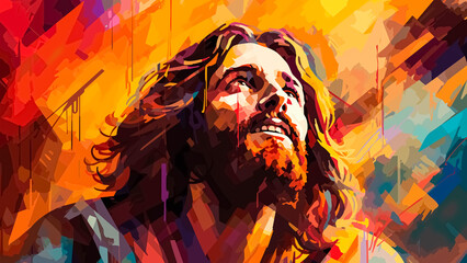 Jesus Christ illustration on abstract colorful background. Spiritual and Inspiring. Religious theme. - obrazy, fototapety, plakaty