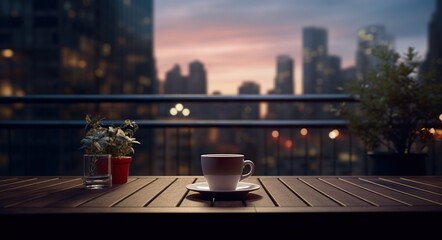 cup of hot espresso coffee or tea on table on city skyline background with skyscrapers, mug with drink at urban sunset on terrace