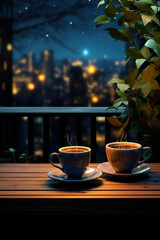 two cups of hot espresso coffee or tea on table on illuminated city skyline background with skyscrapers, mug with drink at urban night view on terrace