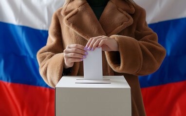 Russian Federation presidential election in 2024. Hand holding ballot near ballot box and Russia flag on background. Politics and voting conceptual - obrazy, fototapety, plakaty