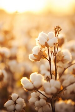agricultural field with cotton flowers at sunset, plantation of natural cultivated wool, textile industry