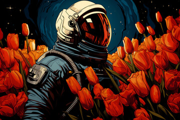 Astronaut in a Spacesuit and Beautiful Holiday Flowers in Space. Illustration Concept for Celebrating Cosmonautics Day. Space Exploration, Satellite Launch, Flight to the Moon.