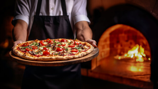 Chef presenting gourmet pizza in front of a wood-fired oven in dimly lit restaurant
