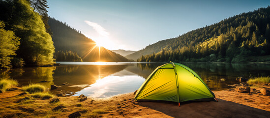 camping tent on the shores of a lake at sunrise - hiking and camping concept - obrazy, fototapety, plakaty