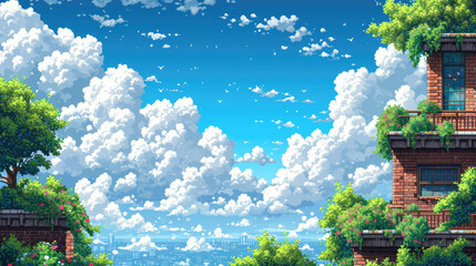 A retro gamer themed scenic background in a pixel art style