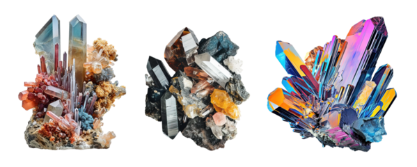Collage of colorful and different quartz and crystal minerals over isolated transparent background