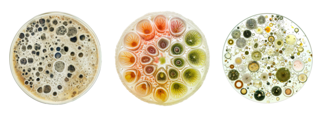 Microscopic mold and yeast under microscopic view collage over isolated transparent background