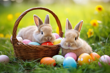 Two Bunnies in a Basket with Easter Eggs and Grass in the Background