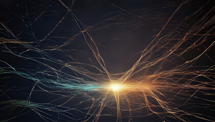 sparks in the night, a bunch of wires that are connected to each other, quantum particles, magical particles