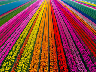 An aerial photograph capturing perfectly aligned rows of vibrant tulip fields in full bloom, creating a visually stunning and symmetrical landscape